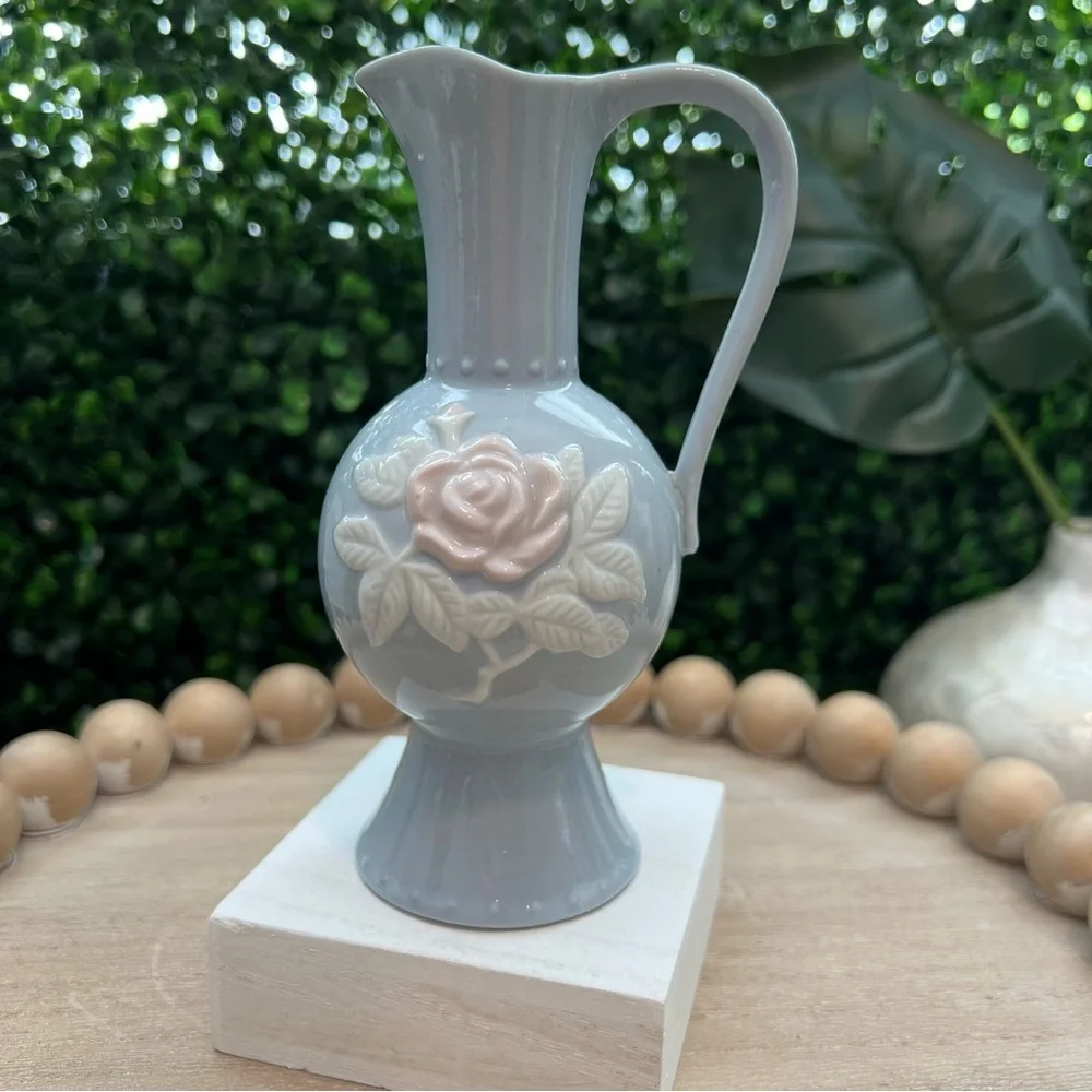 Vintage Light Blue Ceramic Pitcher with Rose Design | Small Bud Vase | Japan